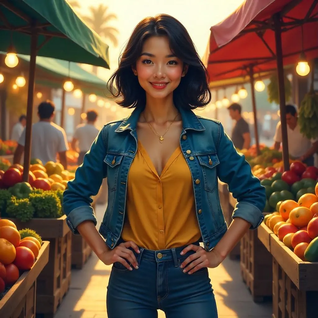 Confident Asian Woman at a Golden Hour Farmers Market