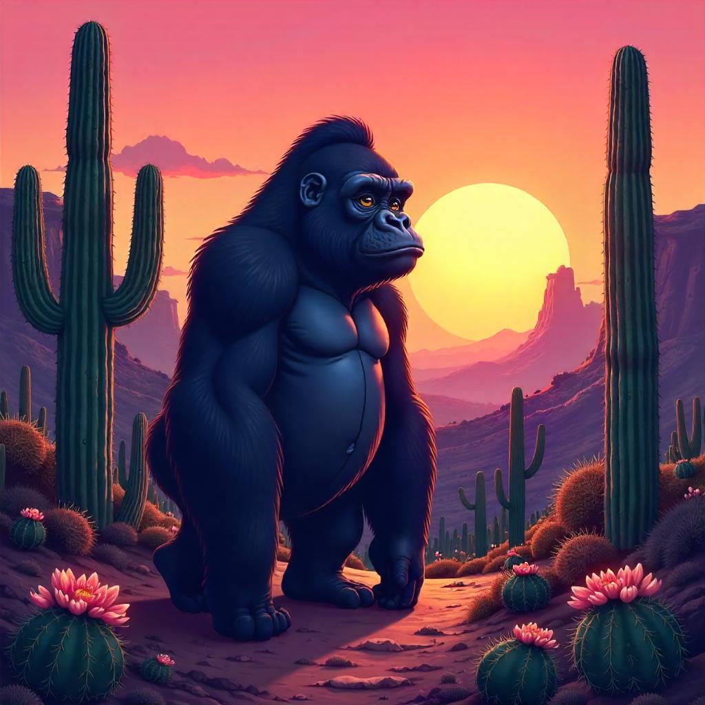 Gorilla in Neon Cacti: Anime Desert Encounter