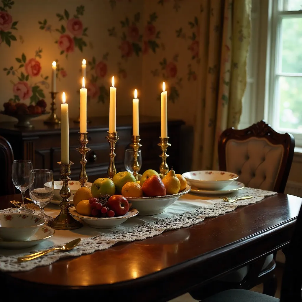 Vintage Candlelit Dining Amid Floral Wallpaper
