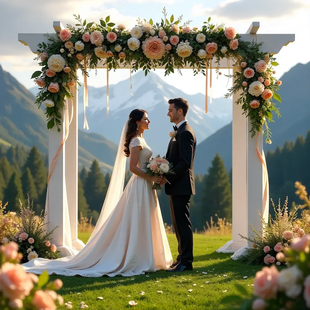 Couple Under a Floral Gazebo: Mountain Ceremony