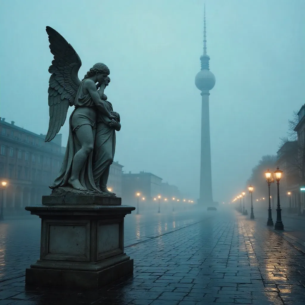Angel Statue and Berlin TV Tower in Fog