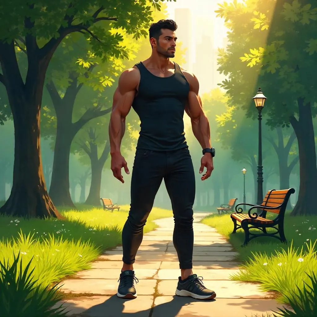 Strong Asian Man in a Park — Concept Art Portrait