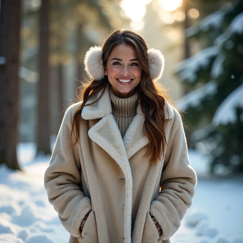 Smiling Woman in Fur Coat in Snowy Forest