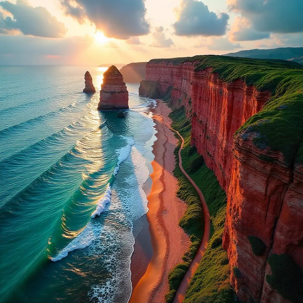 Aerial Winding Path Through Red Cliffs by the Sea