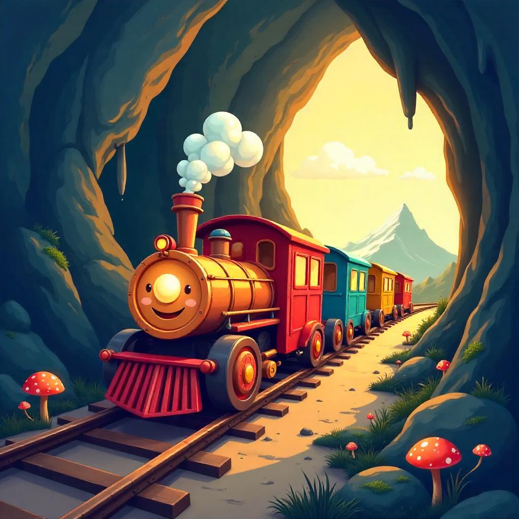 Whimsical Cartoon Train Inside a Mountain Cave