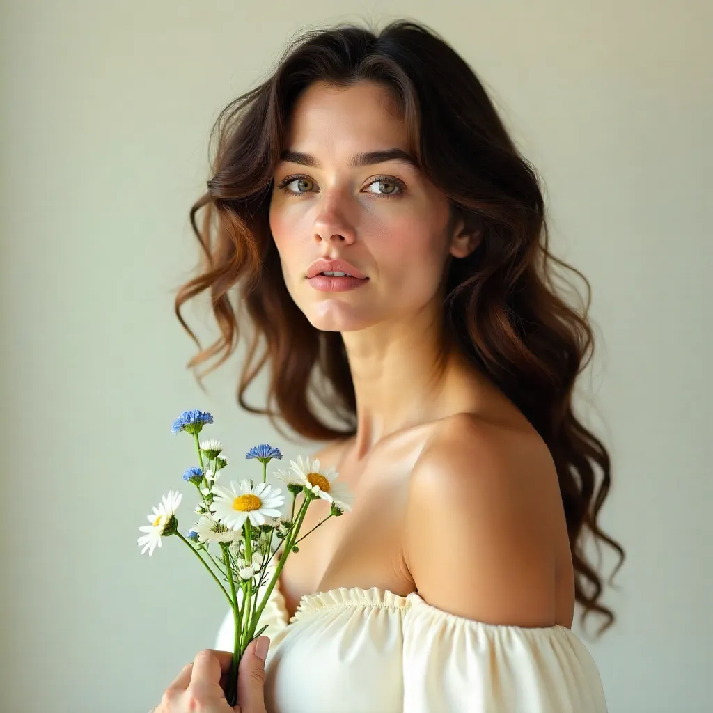 Elegant Portrait: Curly-Haired Woman with Wildflowers