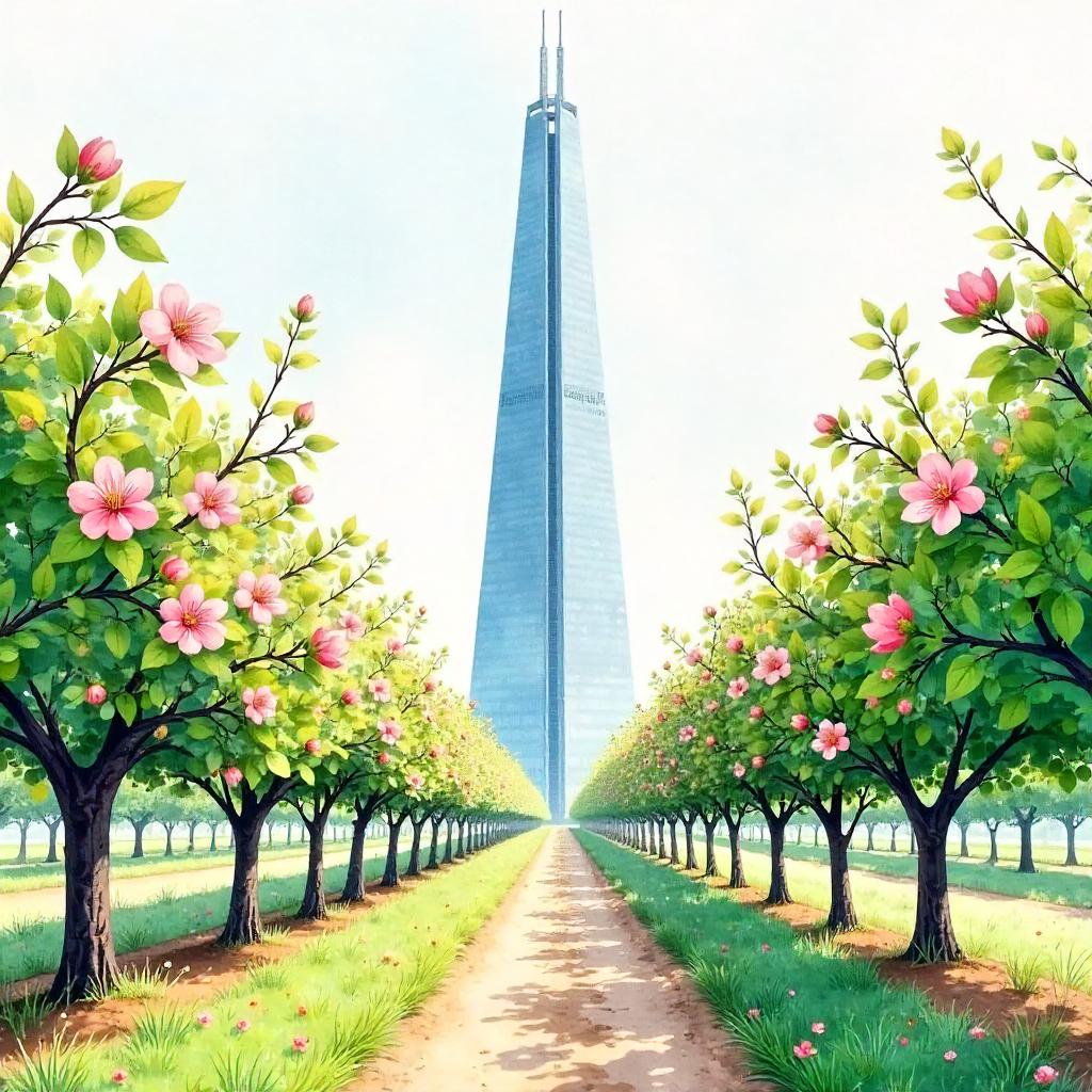 Watercolor Skyscraper in an Orchard