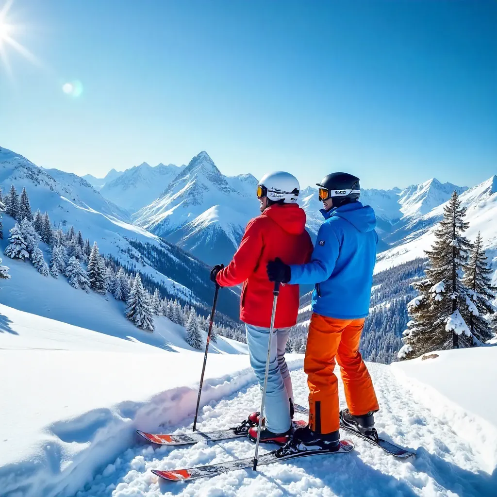 Two Skiers in a Snowy Mountain Vista