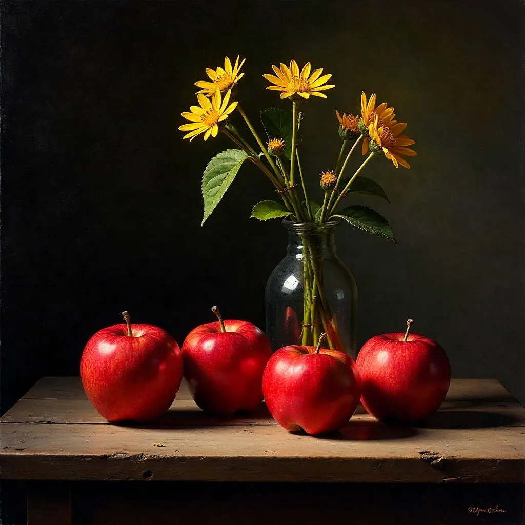 Moody Still Life: Red Apples, Yellow Flowers on Wood