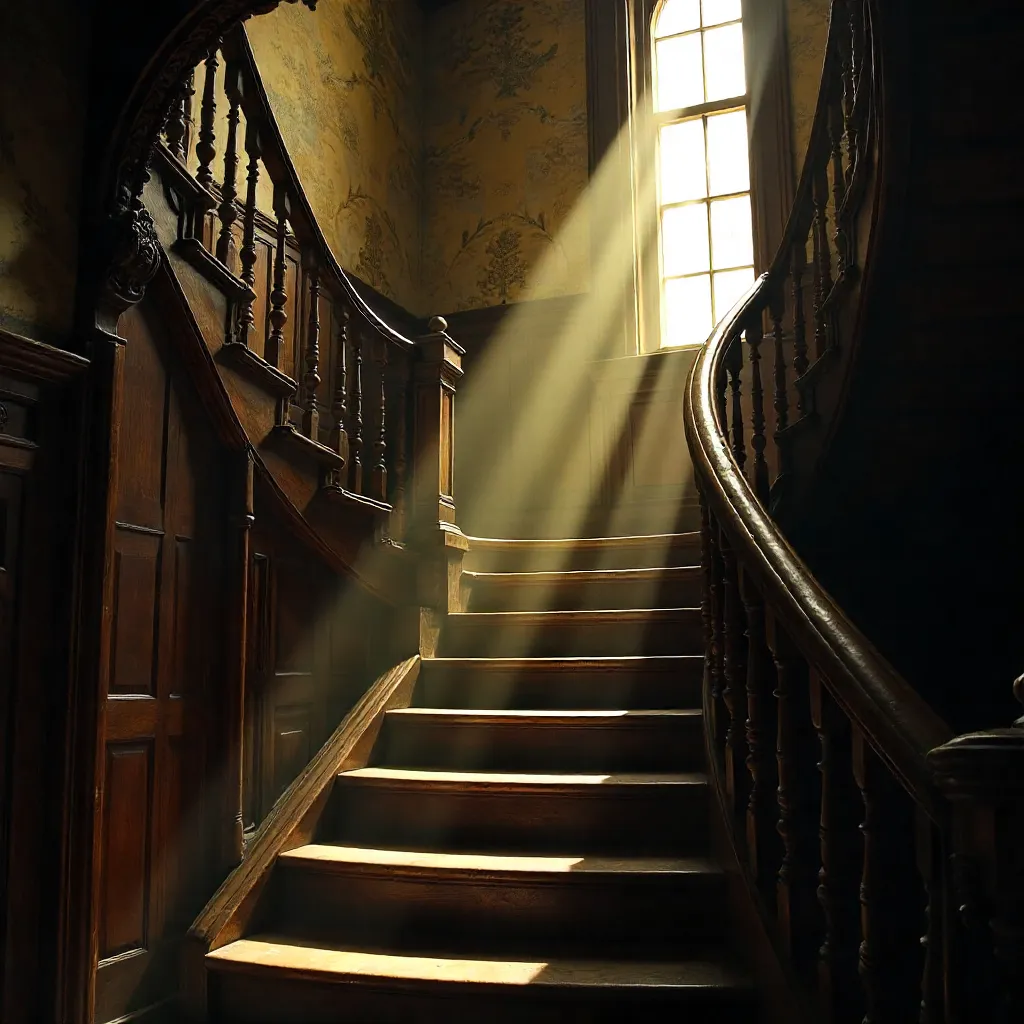 Staircase of Light: Vintage Stairs Bathed in Window Beams