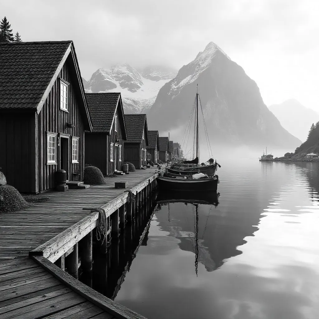 Monochrome Nordic Harbor: Rustic Houses and Mountains