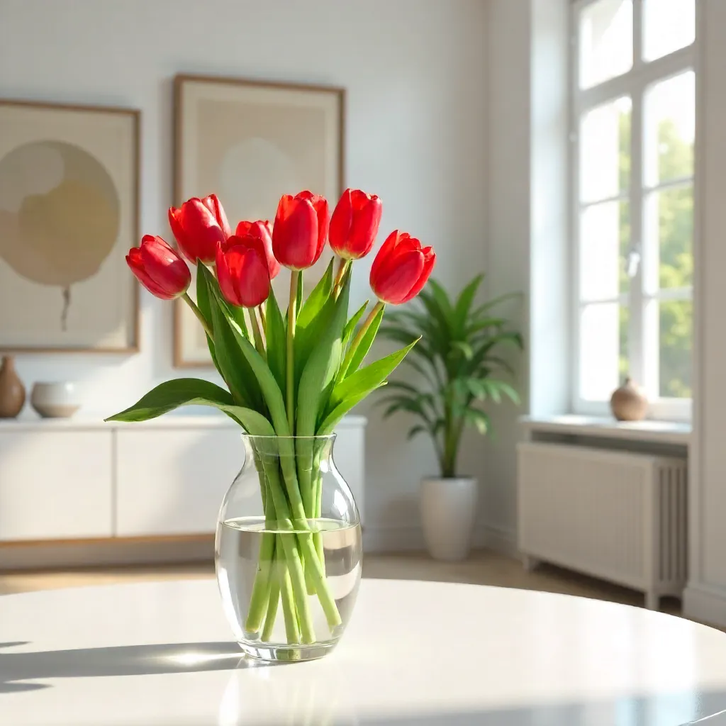 Vibrant Red Tulips in a Glass Vase on White Table