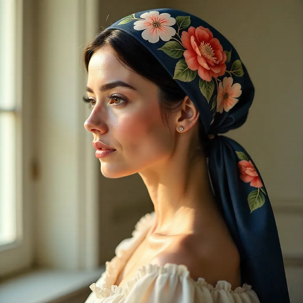 Elegant Portrait: Woman in a Floral Headscarf