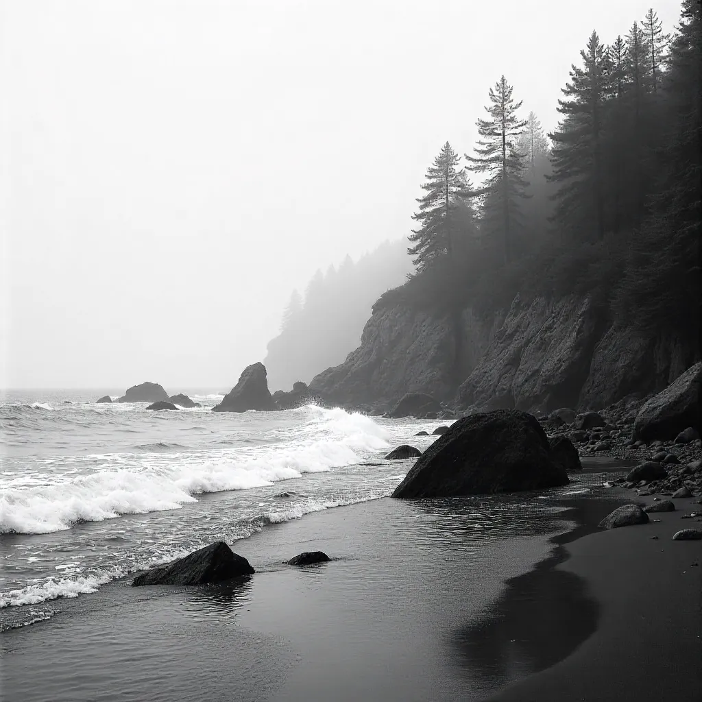 Mist-Shrouded Rocky Coastline in Monochrome