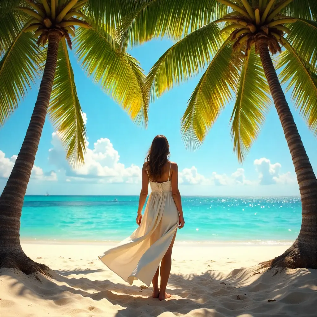Sunlit Palms: Woman Gazing at the Ocean