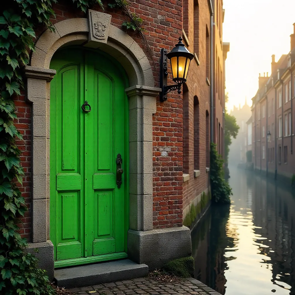 Lime Green Door on Bruges Historic Facade
