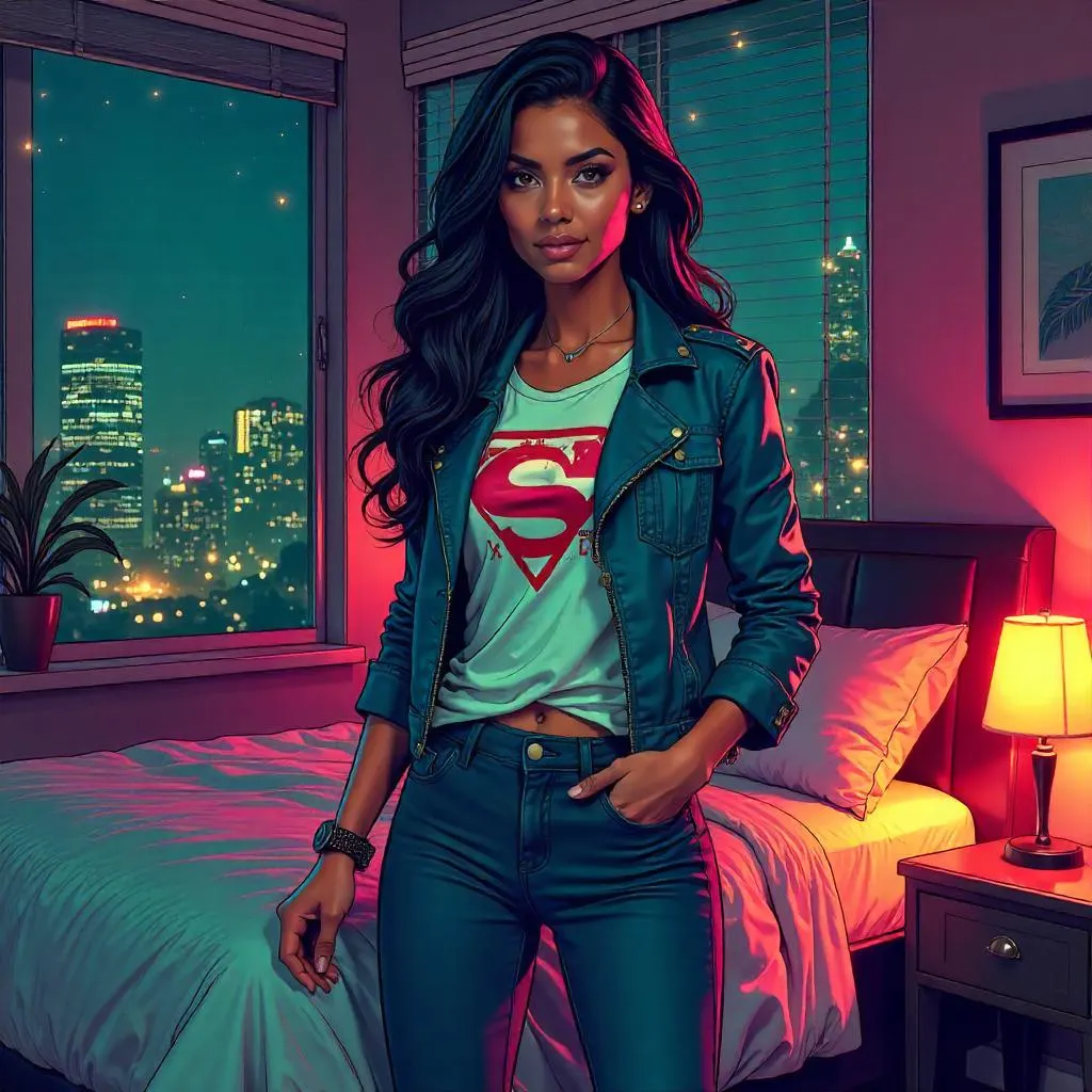 Midnight Heroine in a Neon Bedroom: Comic Style
