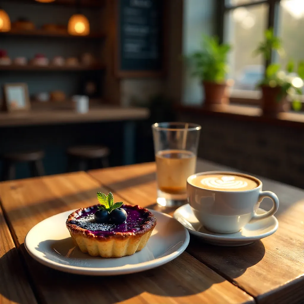 Cozy Café Morning: Blueberry Tart and Drinks