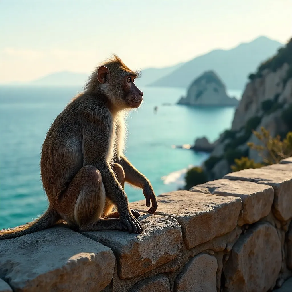 Barbary Macaque on Stone Wall Over Gibraltar Bay