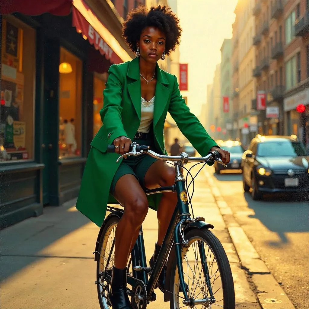 Confident Black Woman Cycling: An Oil Portrait on a Bicycle