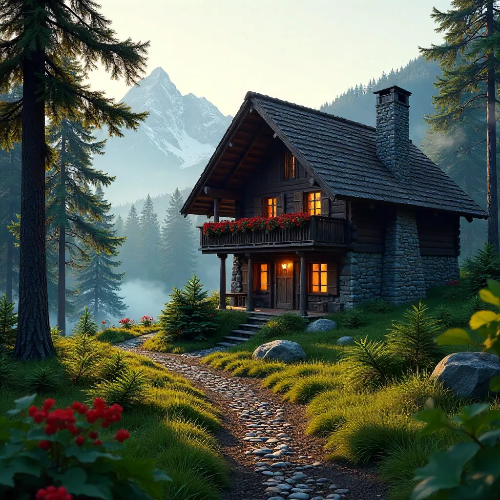 Rustic Austrian Forest Cabin at Golden Hour