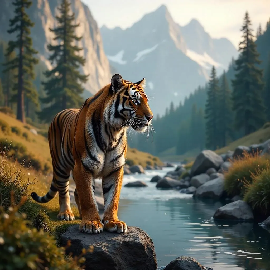 Photorealistic Tiger in a Misty Mountain Valley