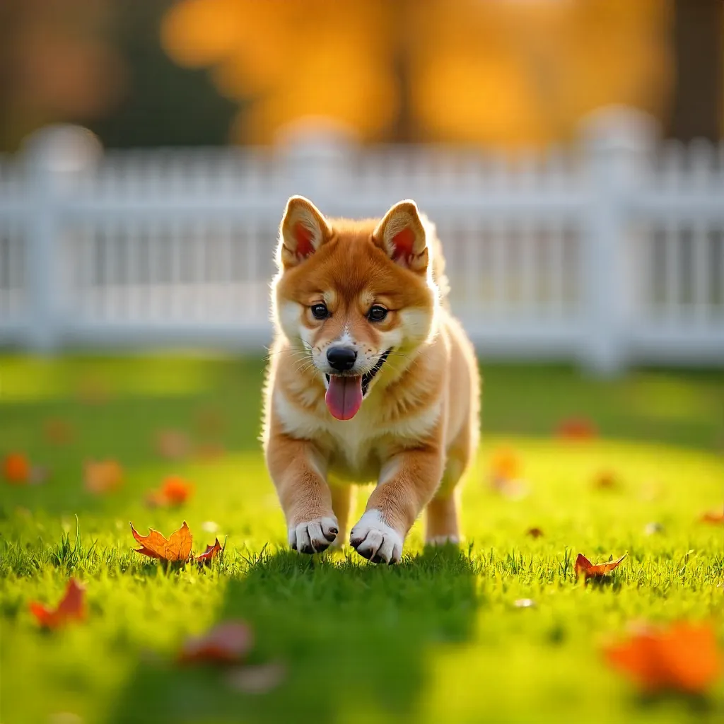 Autumn Shiba Inu at a White Picket Fence