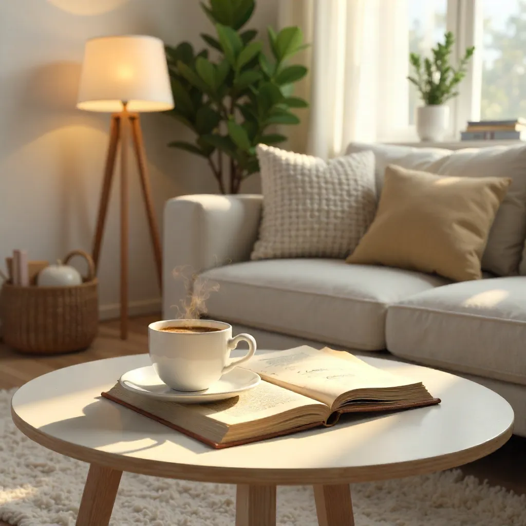 Cozy Living Room Table: Coffee, Book, and Tablet