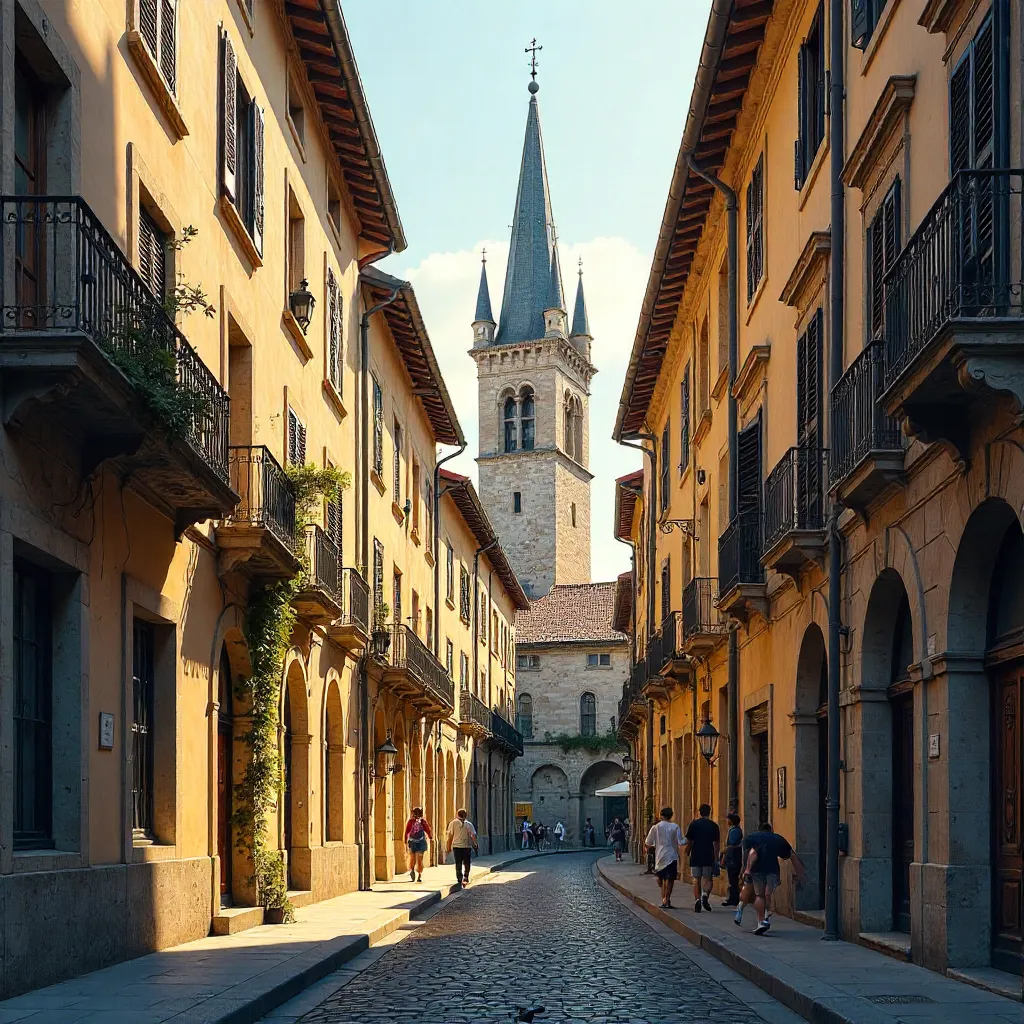 Cobbled Lane to a Charming European Spire