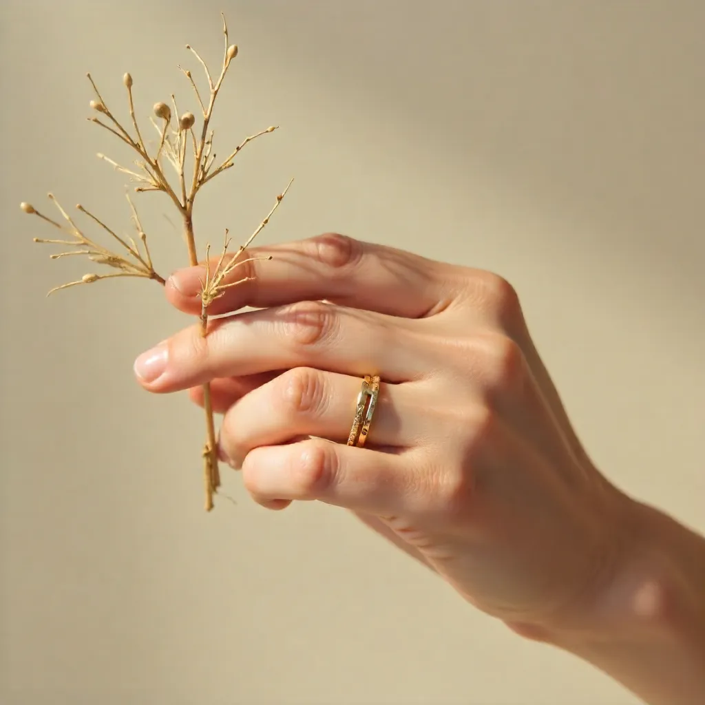 Elegant Minimalist Jewelry on Hand with Dried Branch