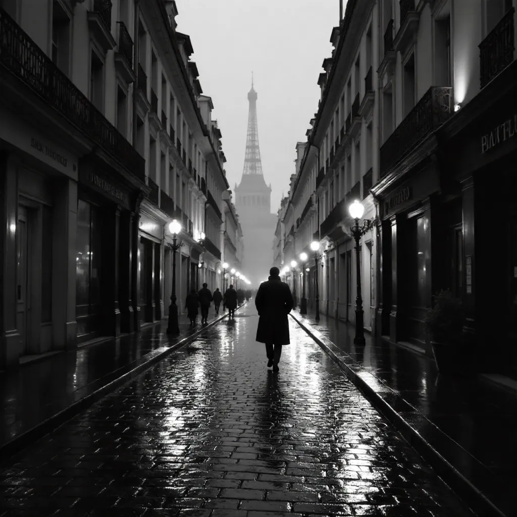 Rainy Paris Street Walk in Monochrome