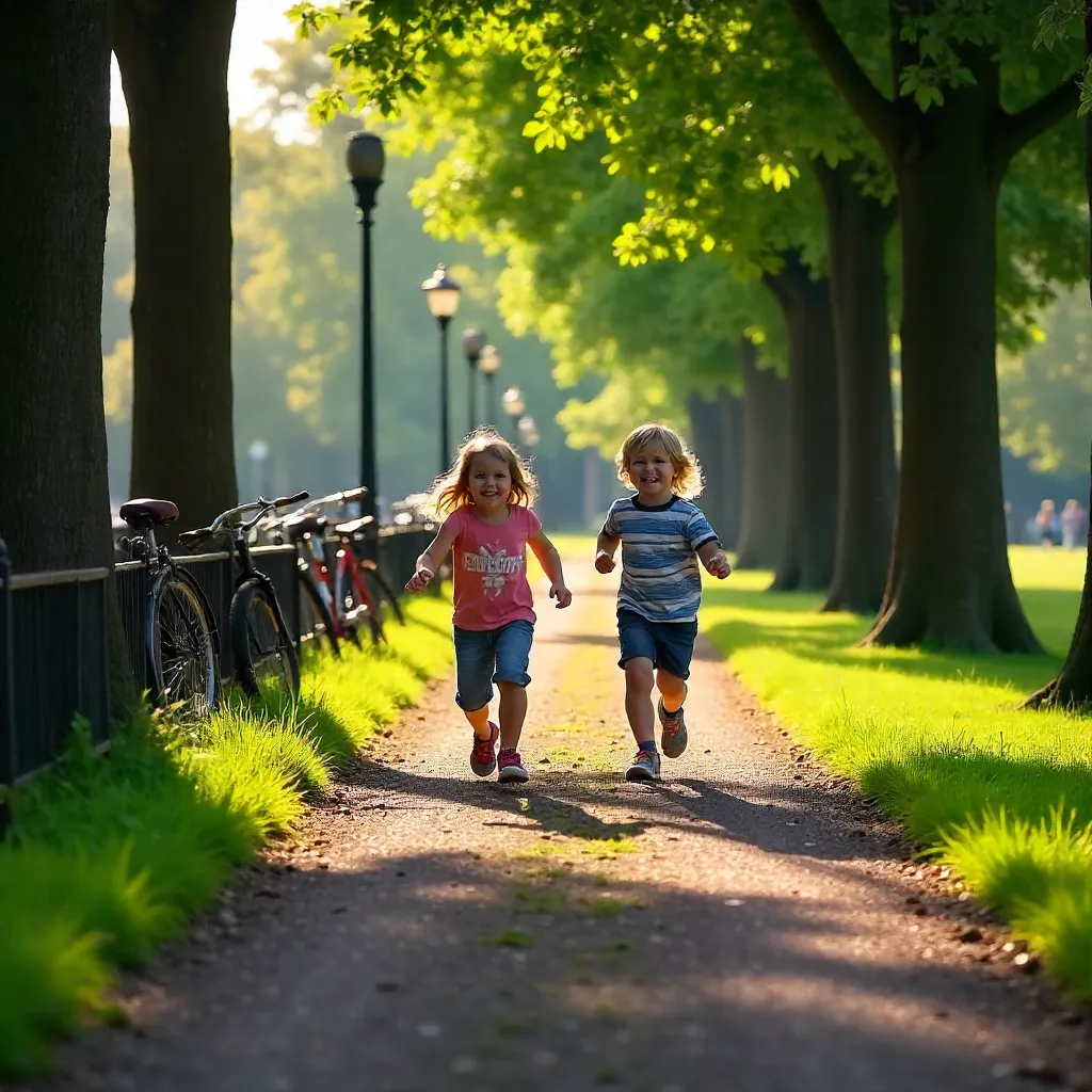 Two children playing along a tree-lined Utrecht park path
