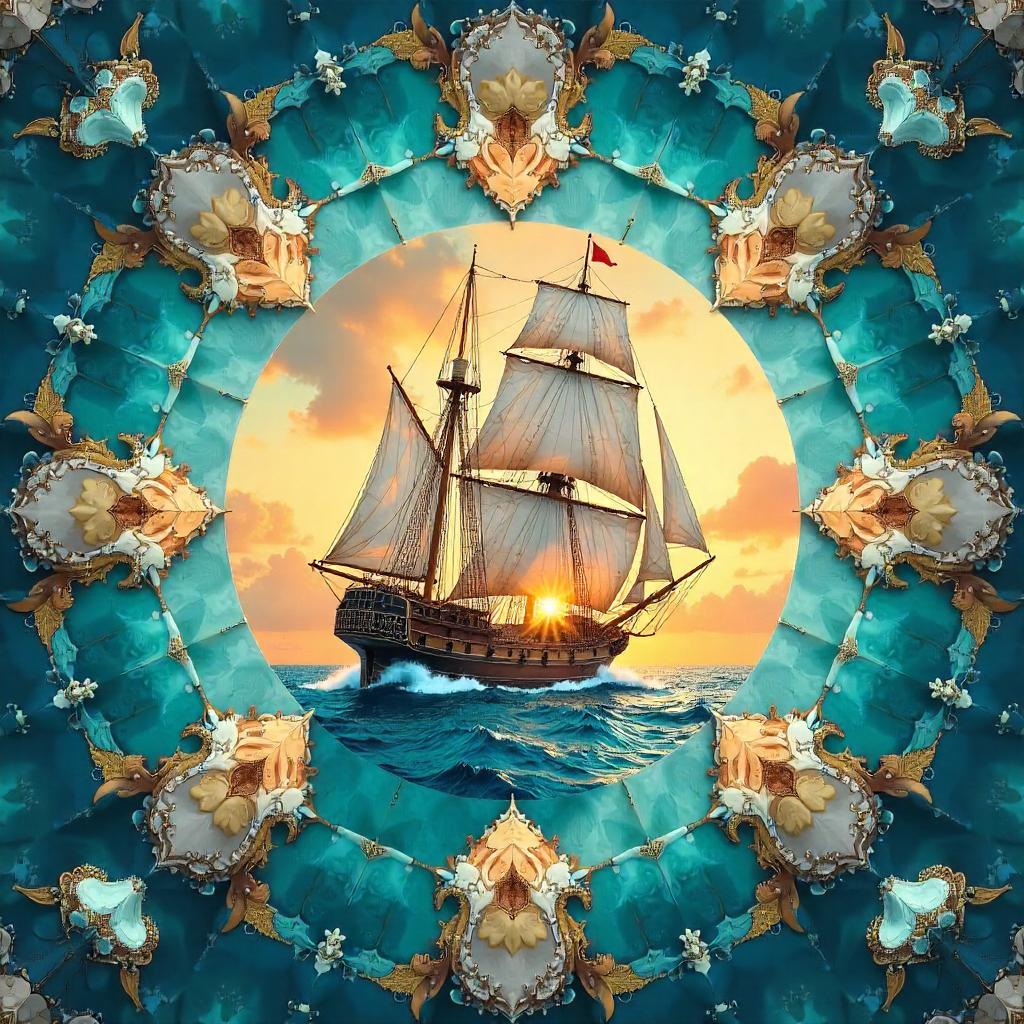Kaleidoscopic Sail: Digital Ship in Shimmering Orbs