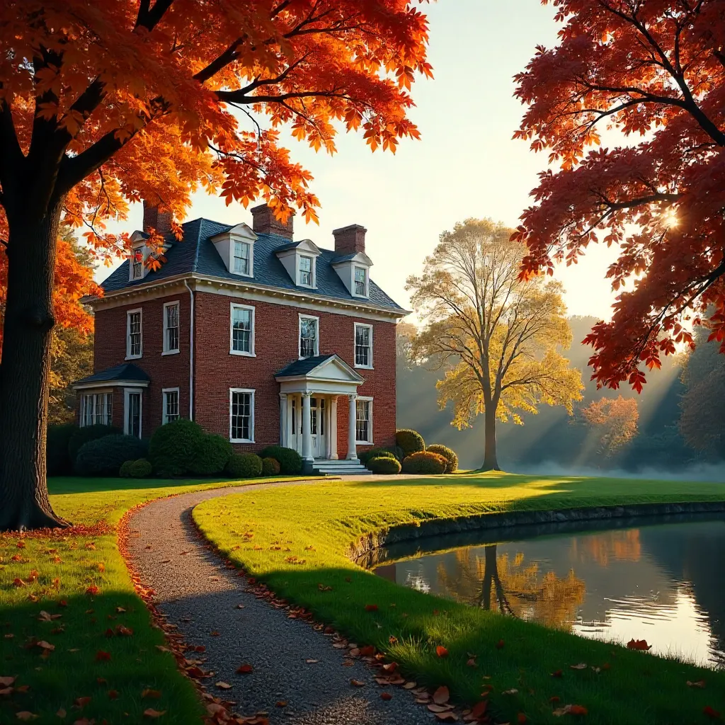 Autumn-framed Brick Mansion in Golden Hour