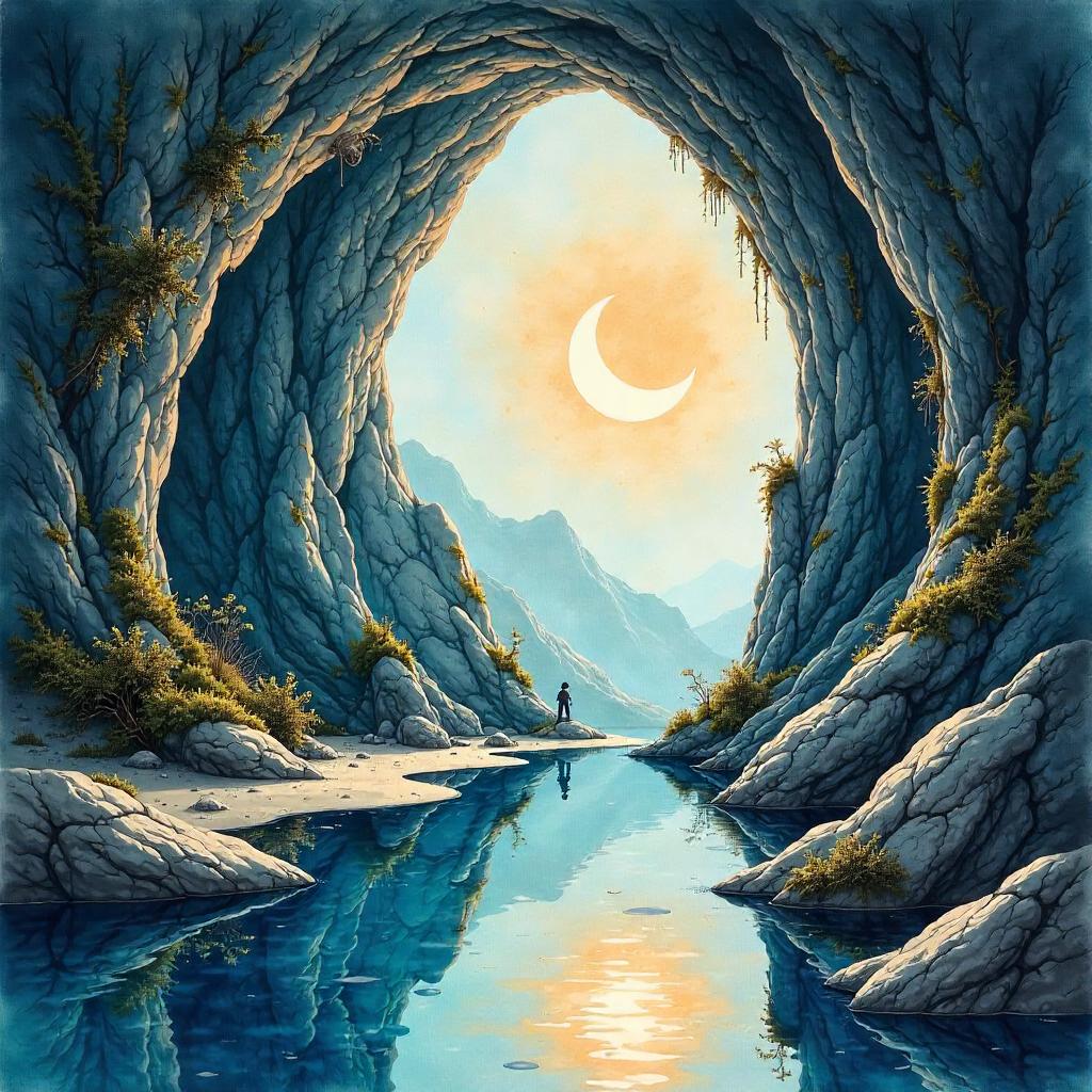 Watercolor Eclipse in a Mossy Cave
