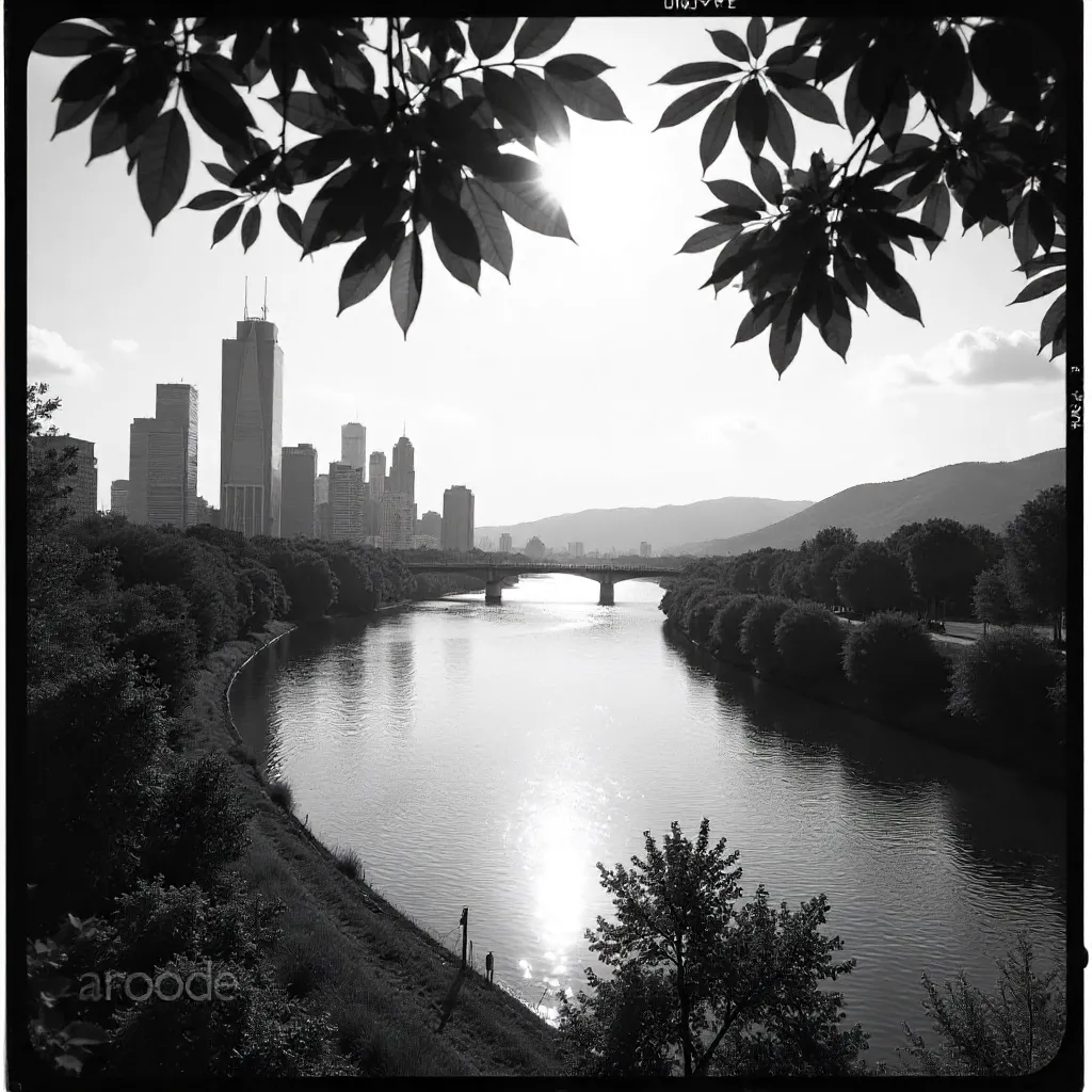 Monochrome River Framed by Leaves: Urban-Nature Balance