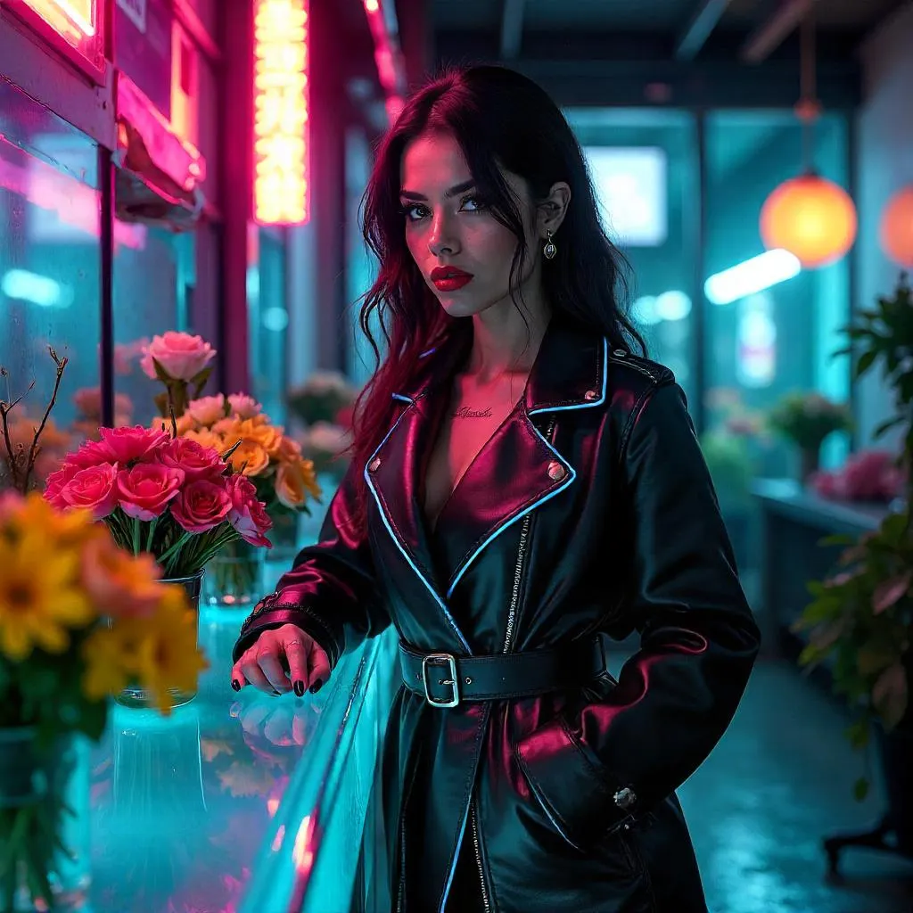 Confident Latina in a Neon Flower Shop
