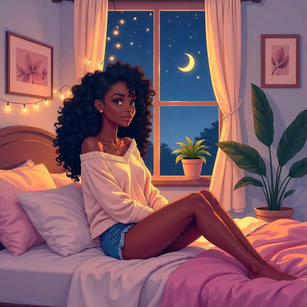 Dreamy Anime Bedroom Portrait of an Adult Black Woman