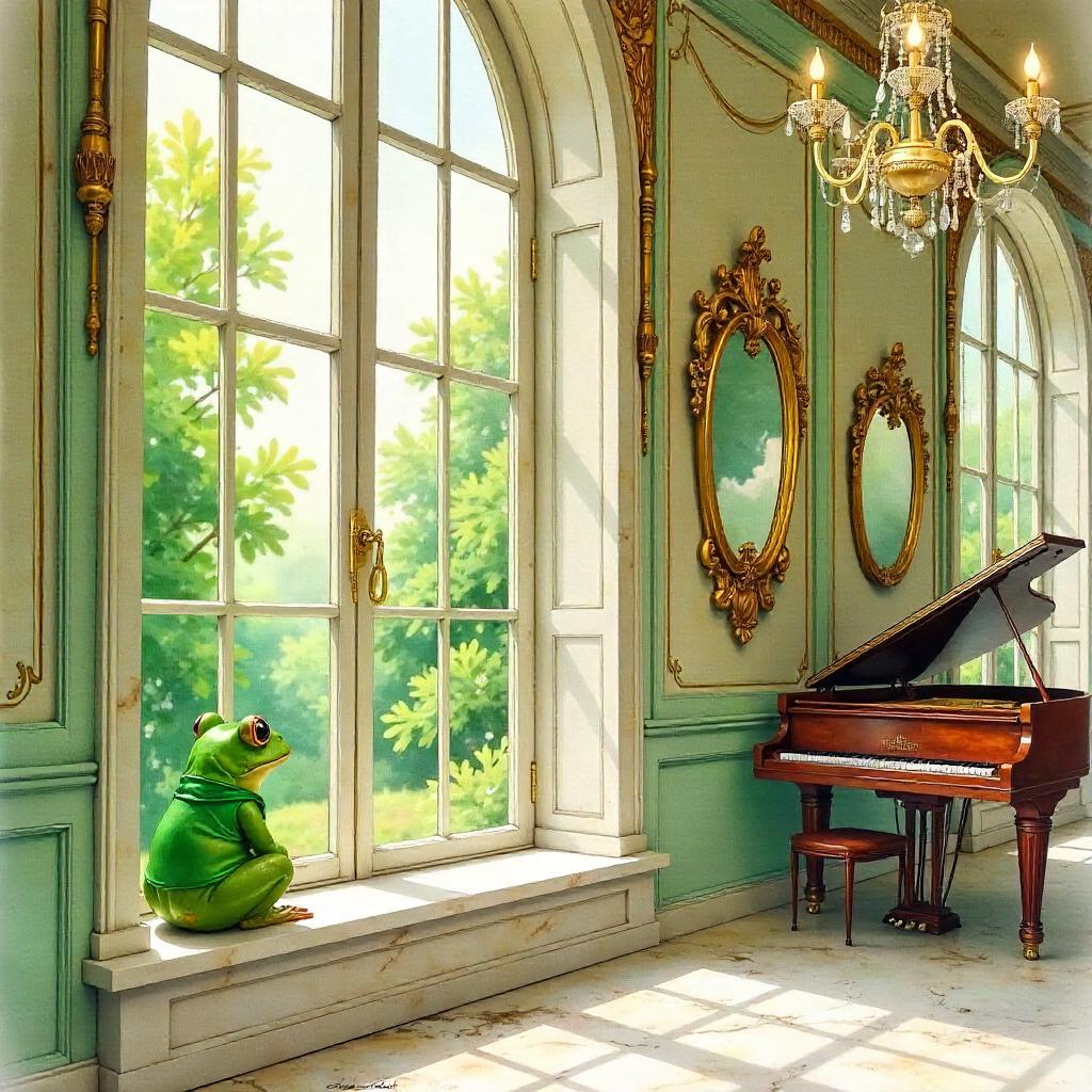A Watercolor Frog in a Grand Mansion Hall