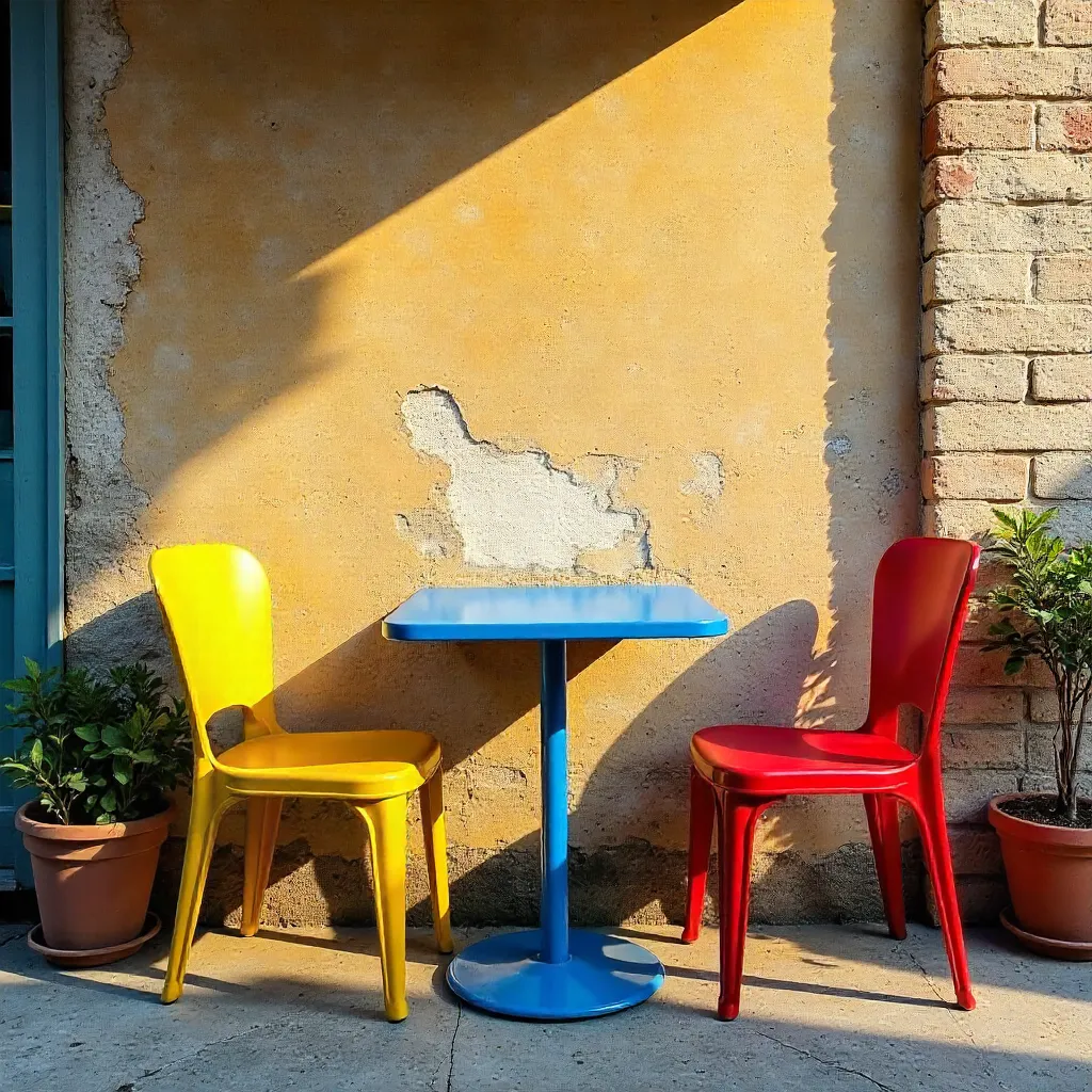 Vibrant Chairs around a Blue Table by Textured Wall
