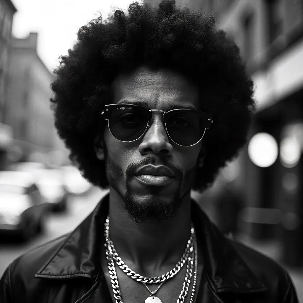 Cool Afro Portrait: Sunglasses, Chain in B&W