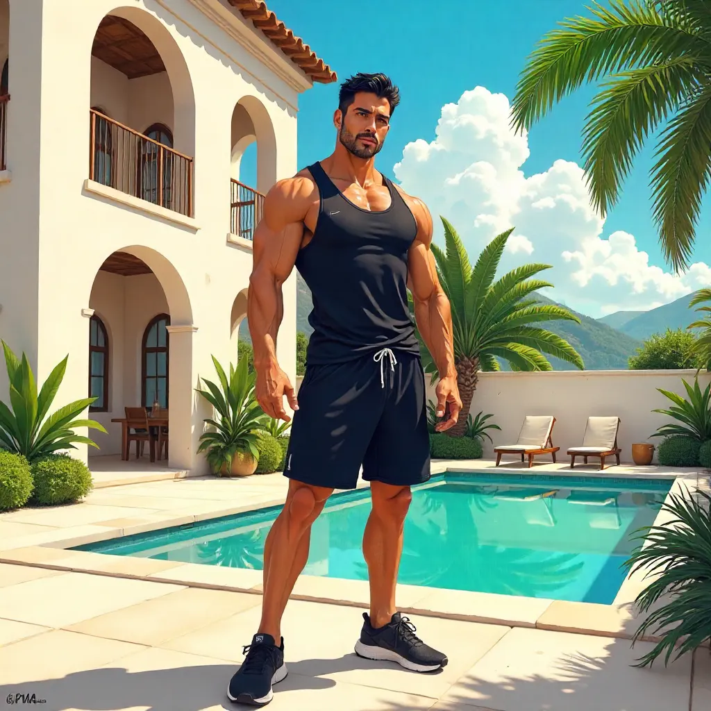 Athletic Latino Man in a Sunshine Villa (Anime)
