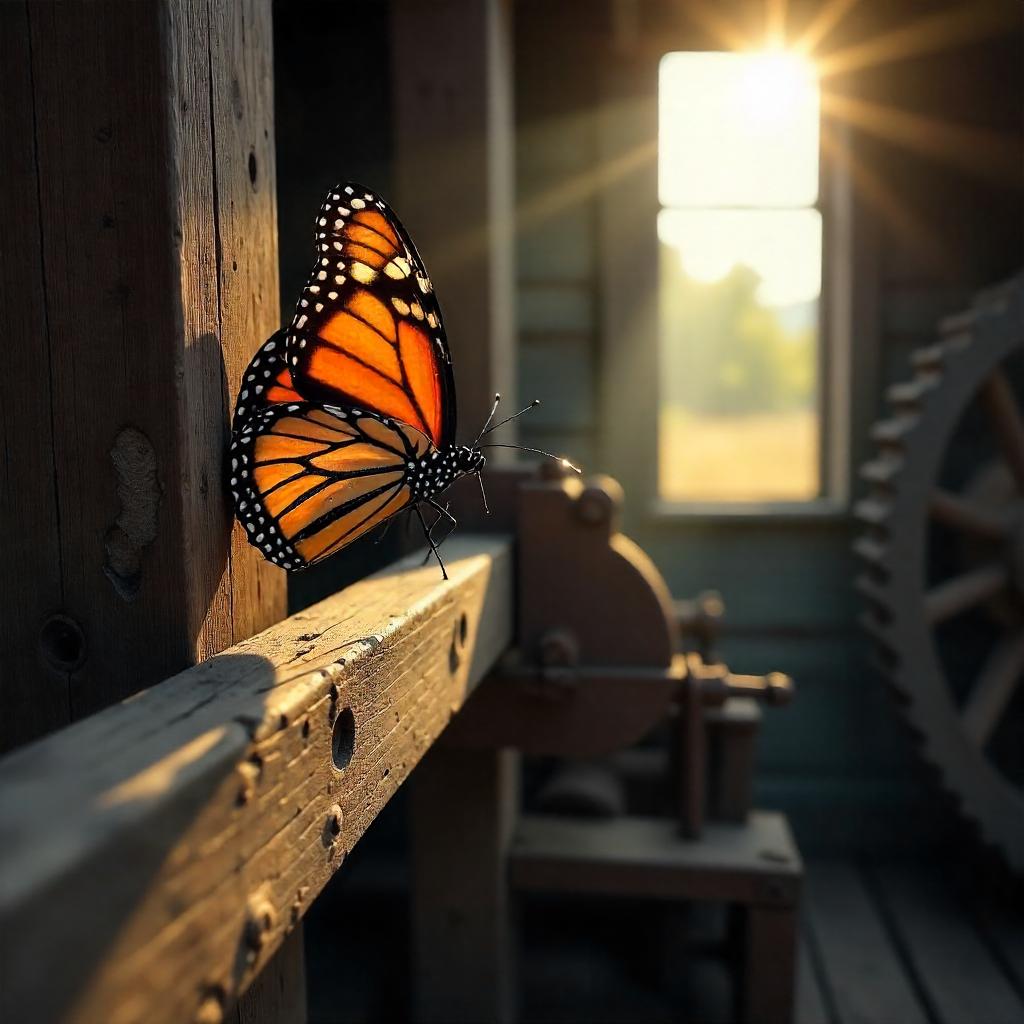 Monarch Butterfly Inside a Rustic Windmill