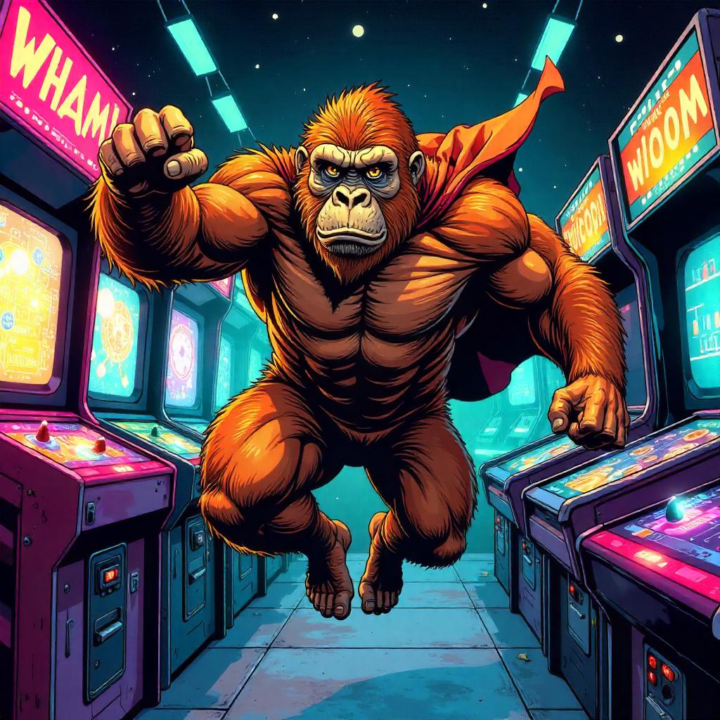 Orangutan Hero in a Neon Arcade — Comic Book Style