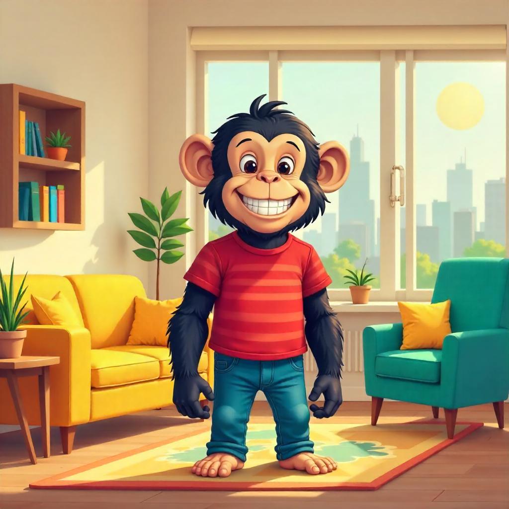 Cozy Cartoon Chimp in a City Apartment