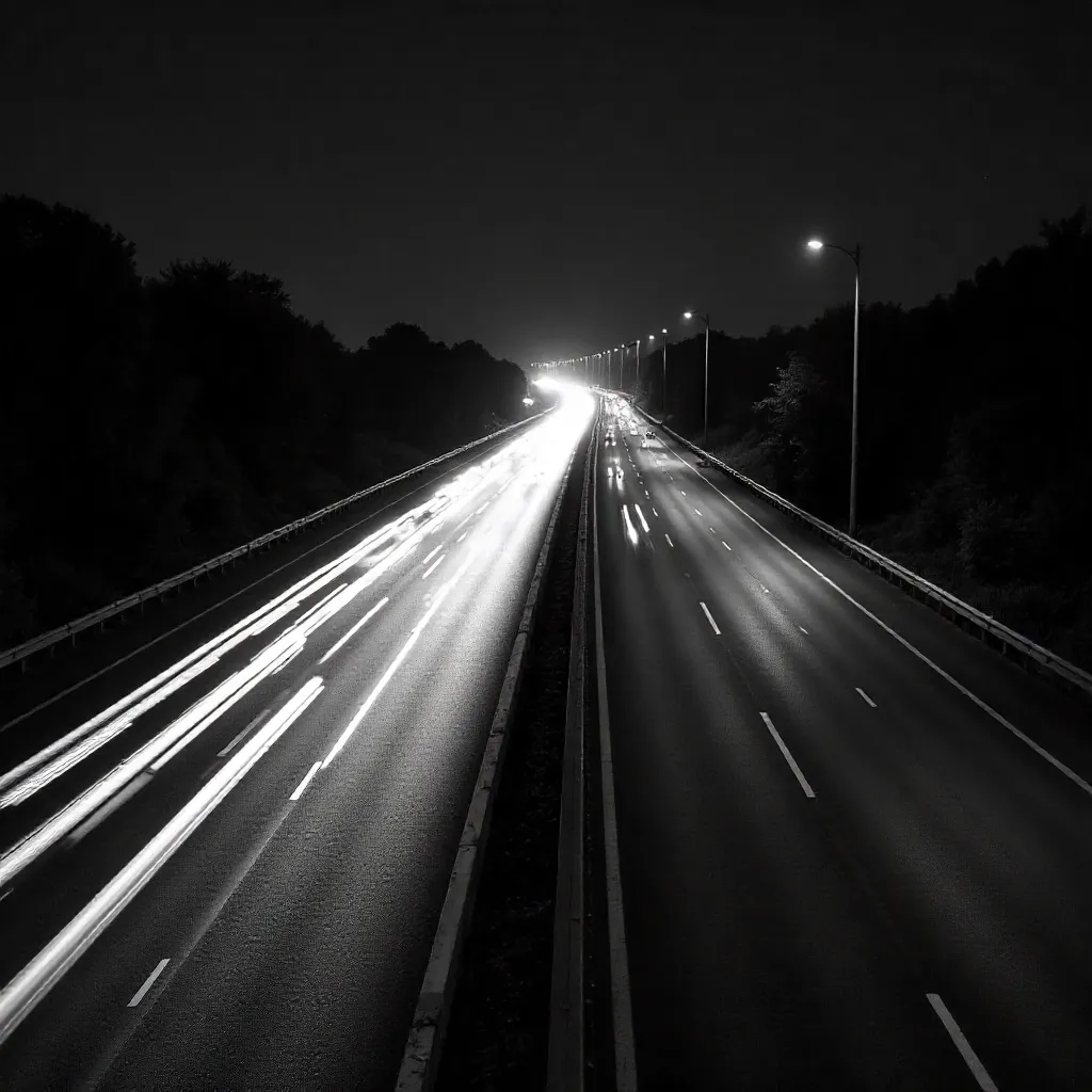 Blurry Black-and-White Highway Light Trails