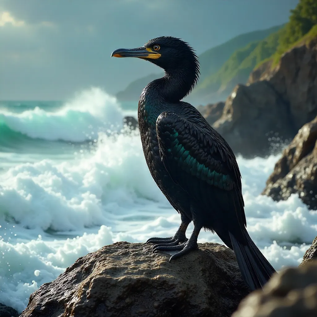 Cormorant on Rocks Amidst Splashing Surf