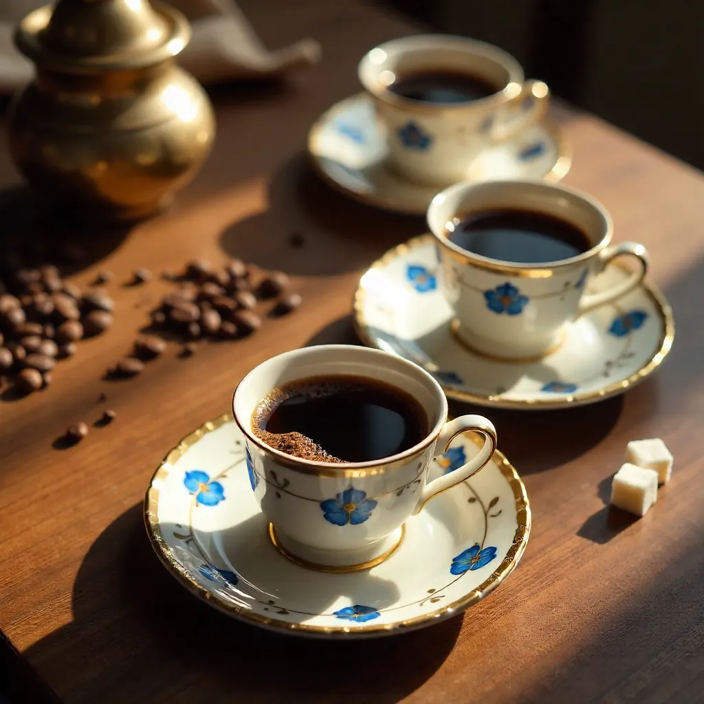Top-Down Trio: Turkish Coffee Cups on Saucers