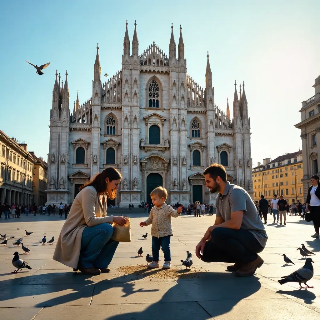 Family Feeding Pigeons in Piazza del Duomo, Milan
