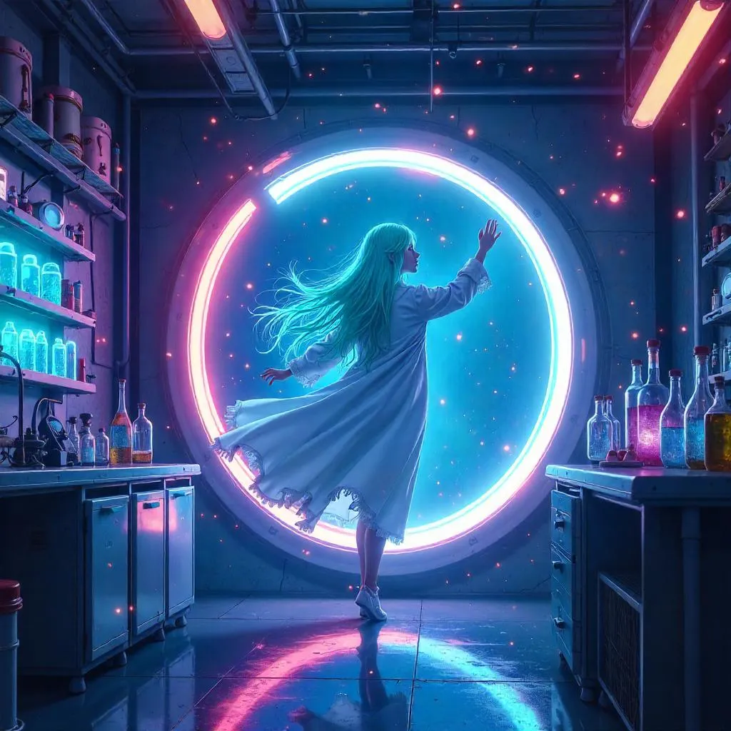 Ghost in a Neon Portal Lab (Anime Style)